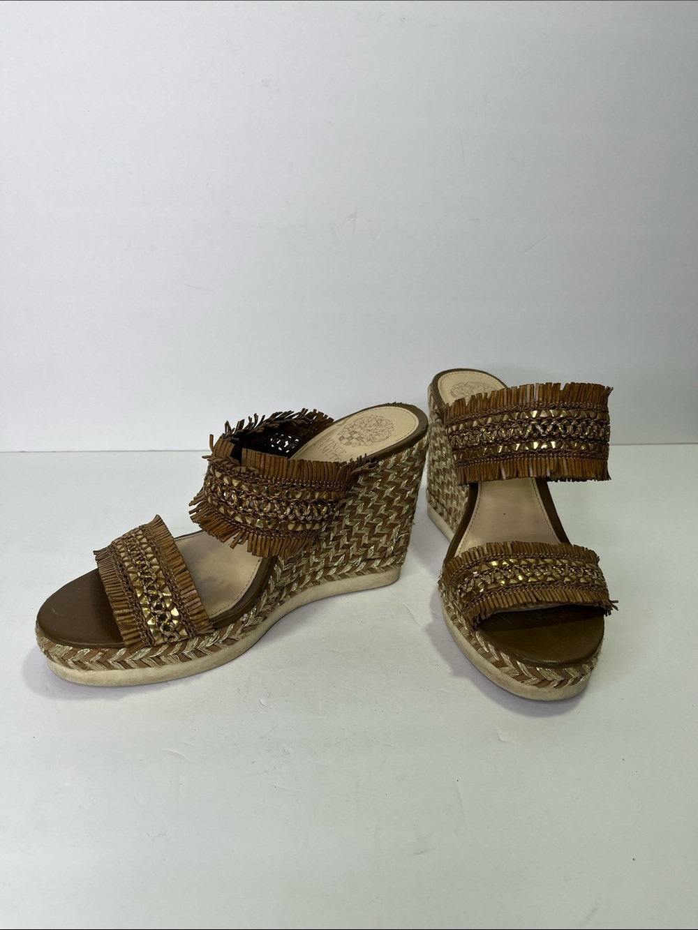 Woven Fringe Wedge Sandals in Brown
